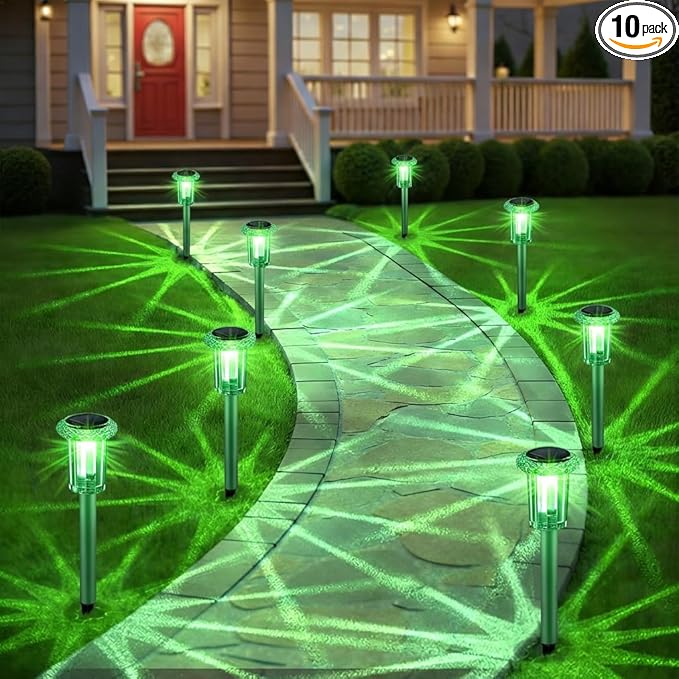 Eyrosa Solar Outdoor Lights, St Patricks Day 10 Pack Solar Pathway Lights Outdoor Waterproof, Stainless Steel Stake Lighting for Garden Yard Path Walkway Driveway Patio Lawn Outside Décor,Green