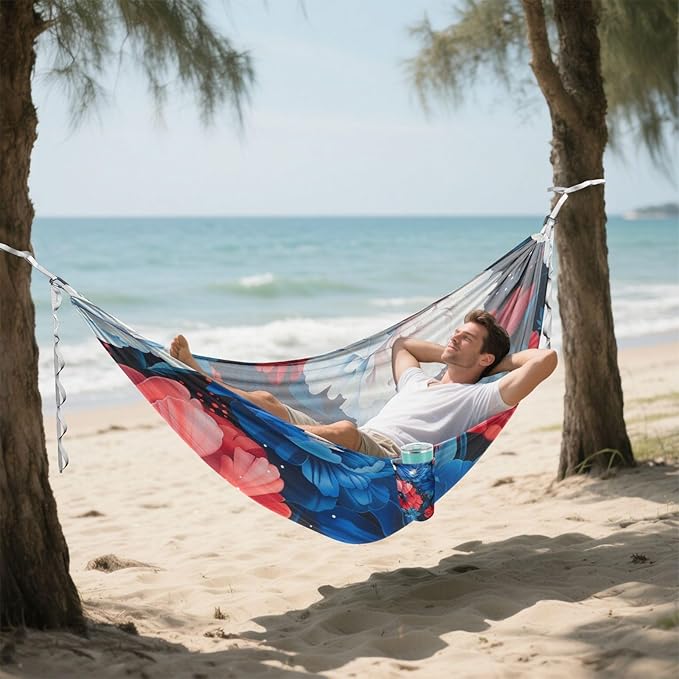 4th of July Independence Day Red and Blue Flowers 330lb Capacity Outdoor Hammock with Hanging Ropree Hammock for Camping Travel Accessories hamaca para Patio Exterior