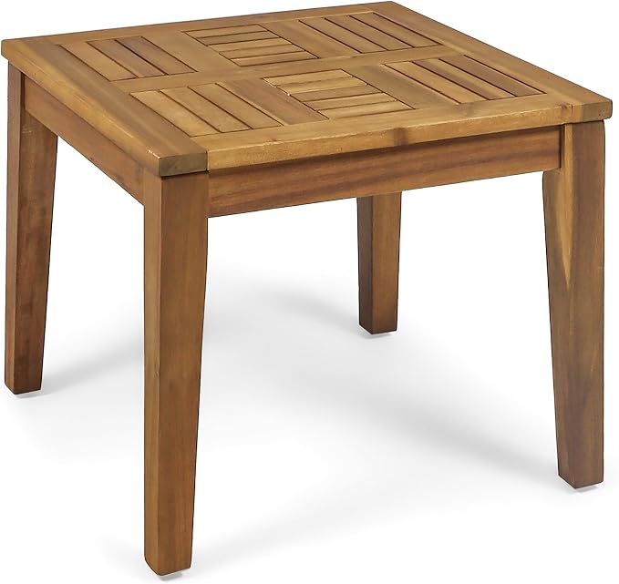 Outdoor Acacia Wood Side Table, 20x20 Inch Low Profile Patio End Table, Transitional Design for Porch, Deck, Poolside & Garden, 300 lbs Weight Capacity, Weather-Resistant - Teak
