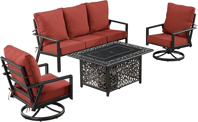 Oakland Living Black Aluminum Patio Fire Table Set with Deep Seating Sofa with Cushion and Two Club Chairs with Red Cushions