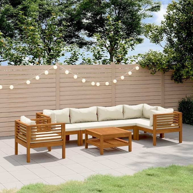 7 Piece Patio Lounge Set, Outdoor Dining Sets Front Porch Furniture Porch Furniture Set Patio Conversation Set for Negotiation Area Poolside Piazza with Cream Cushion Solid Acacia Wood