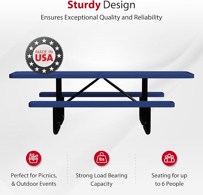 Leisure Craft Metal Picnic Table with Bench - 8 ft Rectangle Outdoor Dining Table with Umbrella Hole, Heavy Duty Thermoplastic Coating, ADA Compliant, Commercial Grade Furniture Made in USA - Navy