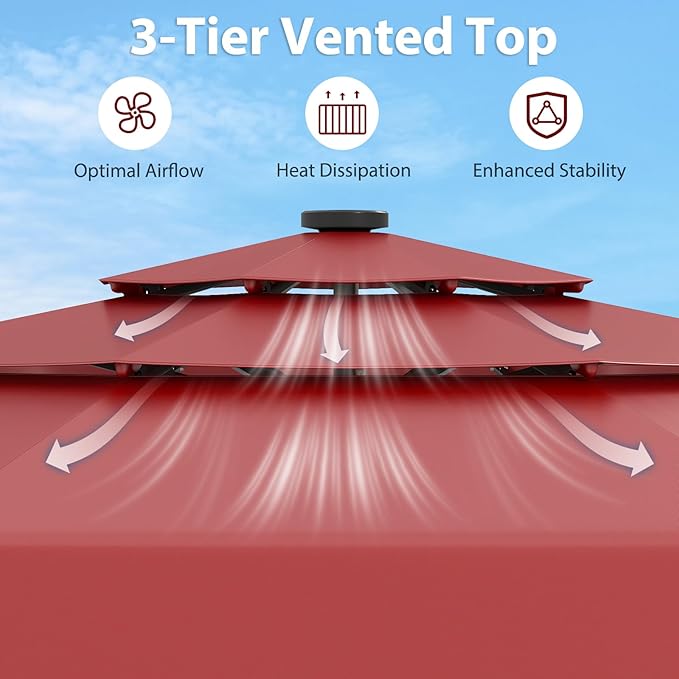 Tangkula 10 FT Solar LED Patio Umbrella, 3-Tiers Scalloped Outdoor Table Market Umbrella with 32 LED Lights, Tilt Adjustment, Crank, 8 Sturdy Ribs for Pool, Deck, Backyard (Burgundy)