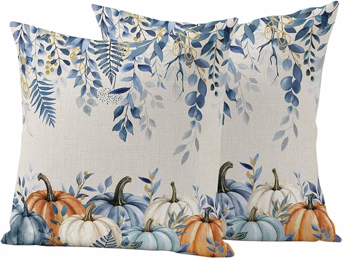 Orange Blue Fall Waterproof Outdoor Pillow Covers 24''x24'' Set of 2, Thanksgiving Eucalyptus Berry Leaves Patio Cushion Covers for Chairs, Decorative Pumpkin Beige Pillow Cases for Garden/Pool/Beach