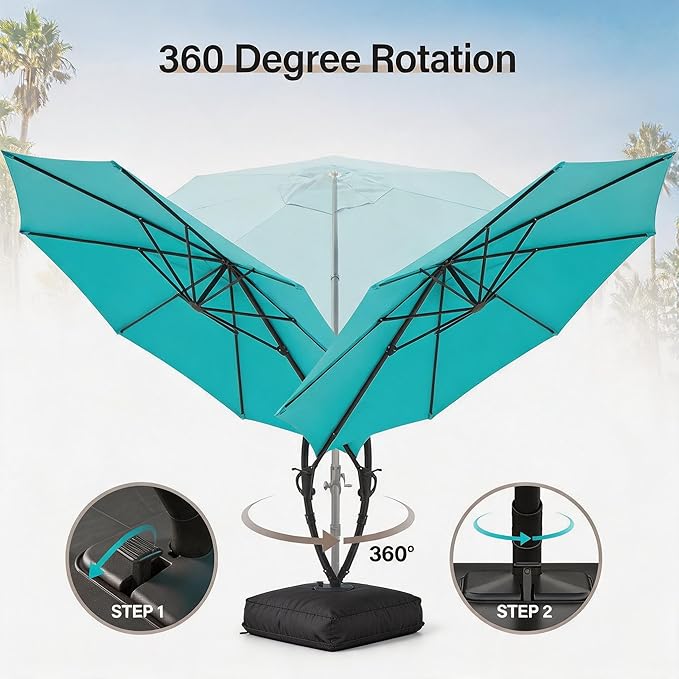 LAUSAINT HOME 11ft Patio Cantilever Umbrella with Base Included, Outdoor Curvy Round Offset Umbrella, Heavy Duty Aluminum, 360° Rotation for Pool, Deck, Lawn, Backyard (Turquoise Blue)