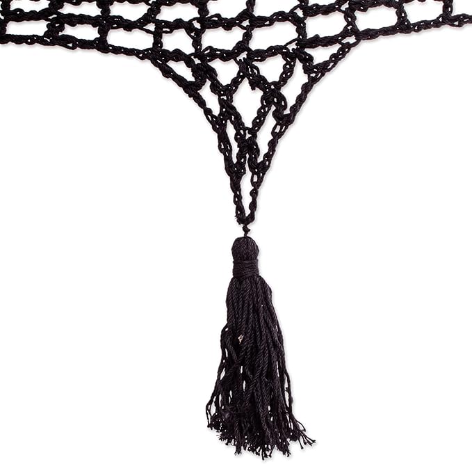 NOVICA Artisan Handmade Cotton Rope Hammock Coal Black Tasseled from Mexico Solid Maya 'Veranda in Black'(Triple)