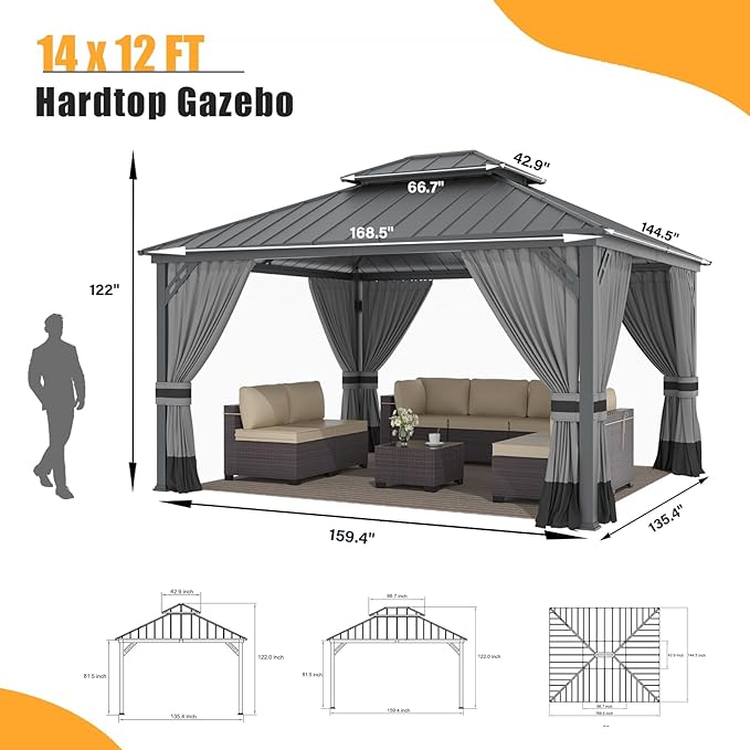 ALAULM 12'x14' Hardtop Gazebo, Outdoor Double Roof Canopy with Netting and Curtains, Galvanized Metal Frame, Sunshade for Patio, Backyard, Deck and Lawns-Gray