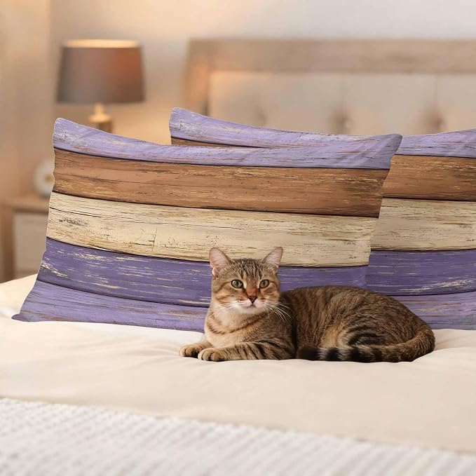 Farmhouse Purple Brown Outdoor Waterproof Pillow Covers, Vintage Wooden Striped Decorative Rectangle Throw Pillowcase Sofa Cushion Sham for Patio/Couch/Chair, 20"x12" 2 Pack