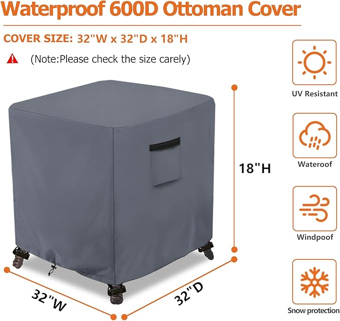 Waterproof Outdoor Ottoman Cover Square,600D Heavy Duty Patio Small Side Table Cover,Patio Furniture Covers for End Table 32" W x 32" D x 18" H,Grey