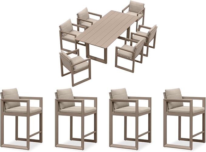PURPLE LEAF Outdoor Dining Set for 6 Aluminum Luxury Patio Furniture Table and Chairs Set with 4 Pcs Outdoor Counter Height Stools for Backyard Porch Deck, Khaki