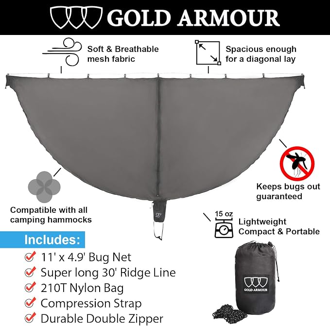 Gold Armour Hammock Bug Net, Mosquito Net Bugs - Premium Mesh Netting, Guardian of No See Um and Insects - Perfect Equipment Gear Accessories for Your Double Hammocks and Single Hammock (Gray)