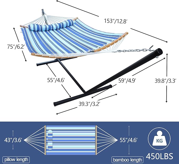 Hammock with 12.8 Feet Stand & Curved Bamboo Spreader Bar Double Hammocks 2 Person Heavy Duty Max 450lbs Capacity, Catalina Beach