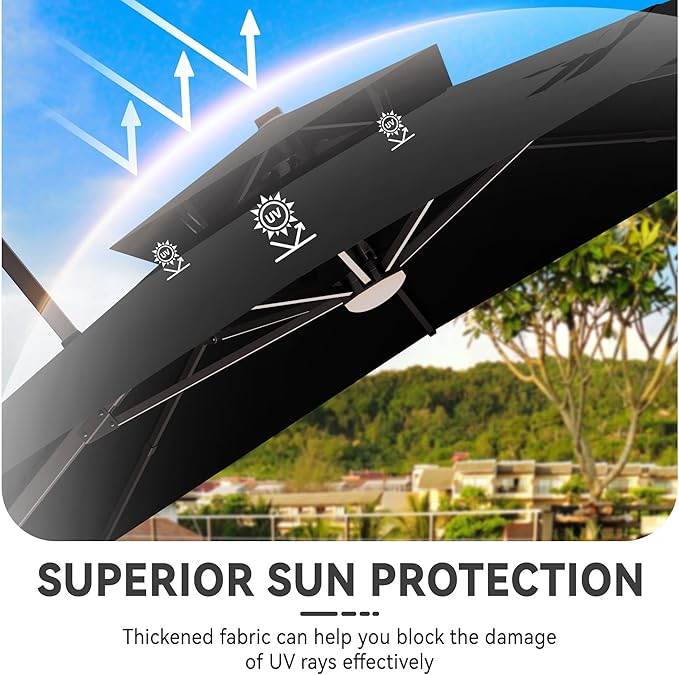 10x13 FT Cantilever Patio Umbrella with Led Lights Double Top Outdoor Rectangular Large Heavy Duty Aluminum Offset Umbrellas with 7 Level Tilt 360-degree Rotation for Pool Garden Deck, Black