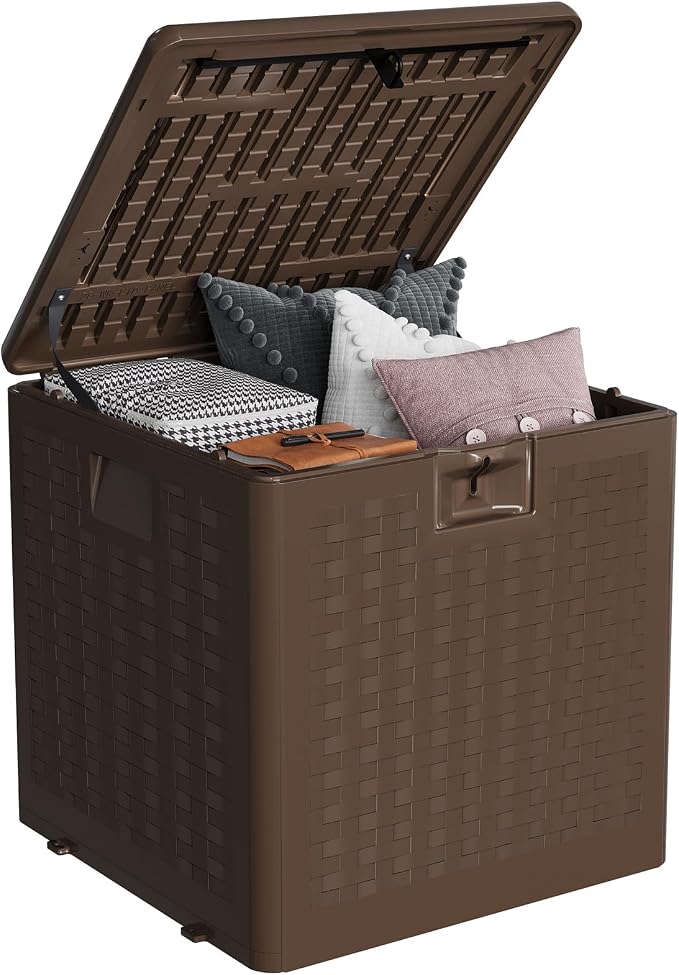 28 Gallon Outdoor Storage Box, Blow Molded Deck Box with Imitation Rattan Pattern, Heavy Duty Waterproof Resin Deck Box No Assembly Required, Lockable Patio Storage Box for Cushions Garden Tools Pool