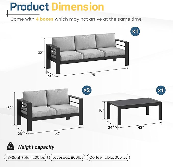 8 Pieces Outdoor Conversation Sets, Aluminum Patio Couch with Outdoor Coffee Table, All-Weather Metal Patio Couch with Thick and Soft Cushion and Wide Arm, Outdoor Sofa Sets for Balcony, Light Gray