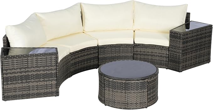 KEIKI 7-Piece Half-Moon Outdoor Patio Furniture Set, Rattan Patio Conversation Set with Coffee Table & 2 Sofa Side Table & 4 Curved Armless Sofa, Wicker Curved Sectional Sofa Set, for Backyard, Beige