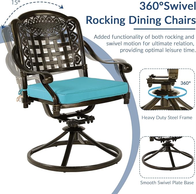 SOCIALCOMF 9-Piece Patio Cast Aluminum Dining Set, Outdoor Table and Chairs Set for 8, Includes 64" Large Square Dining Table, 4 Stationary, 4 Swivel Dining Chairs with Umbrella Hole, Ocean Blue