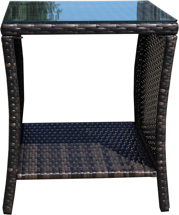 IRONORA Outdoor Wicker Side Table Patio Side Tables for Outside, Tempered Glass Top Wicker Table with Storage End Table for Balcony Porch Deck