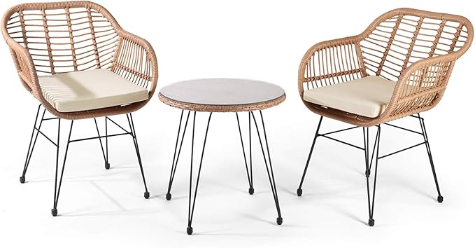 WestinTrends 3 Pc Set Furniture Wicker Rattan Patio Conversation Seating Chair with Cushions and Table for Indoor Outdoor, Balcony, Porch, Garden, Pool, Deck, Lounge, White