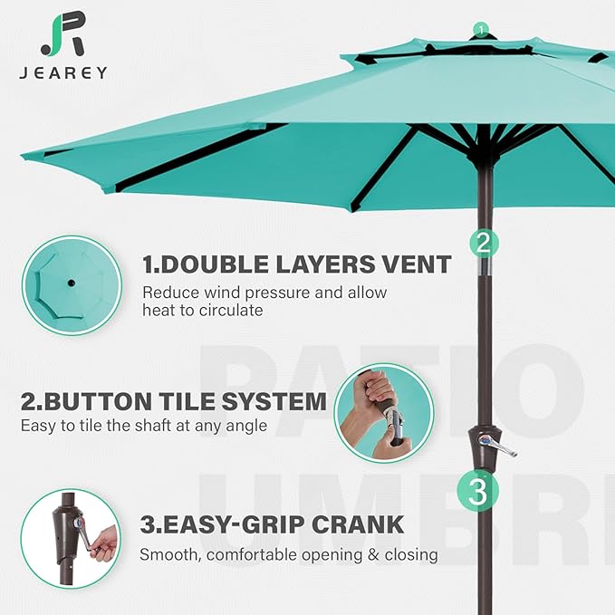 JEAREY 9' 2-Tiers Patio Umbrellas Outdoor Table Market Umbrella w/Push Button Tilt/Crank, 8 Sturdy Ribs, UV Protection Waterproof Sunproof(Teal)