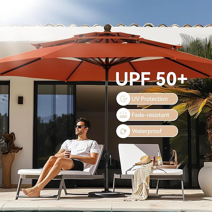 GREEN PARTY 10ft Outdoor Patio Umbrella, [Auto-Tilting] 3 Tiers Market Table Umbrellas with 1.5" Pole, 8 Sturdy Ribs, 3-Year-Non-Fading for Garden Deck Pool Backyard, Orange Red