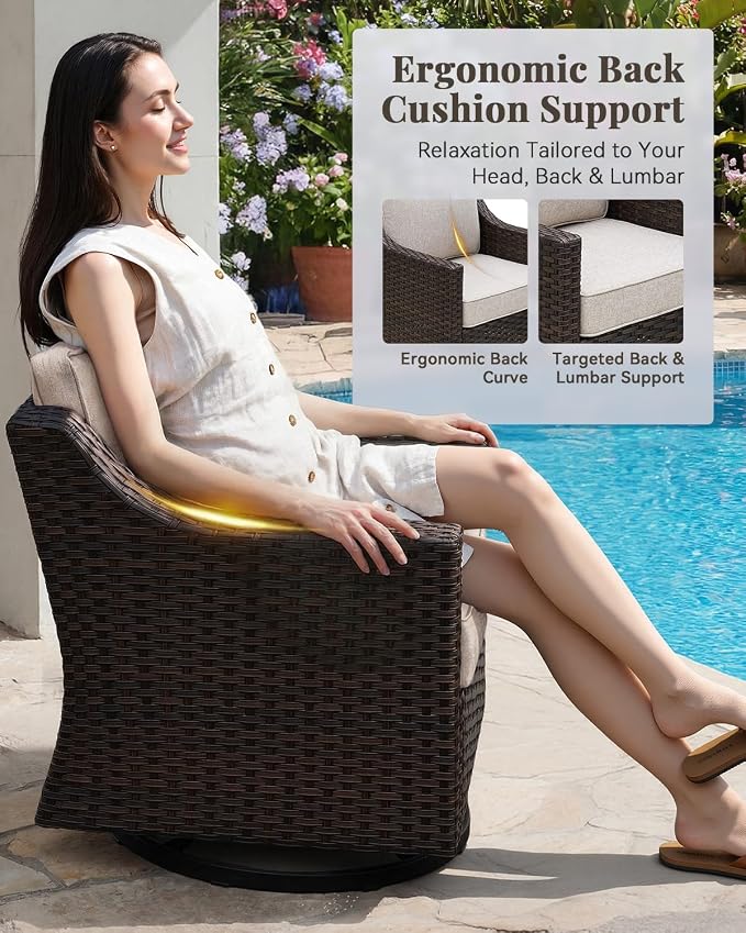Patio Furniture Set 5 Pieces Luxury Outdoor Swivel Rocker Chairs and Ottomans, Easy Assembly Conversation Set for Porch Deck Balcony Yard in Brown Wicker and Beige Cushions