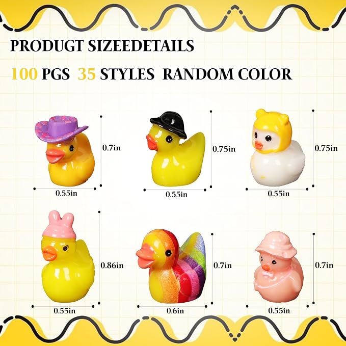 100 Pack Multicolor Mini Resin Ducks to Hide, 35 Unique Styles Solid Little Ducks, Tiny Miniature Duck Figures Bulk for Garden, Terrarium, Potted Plants & Micro Landscape Decor