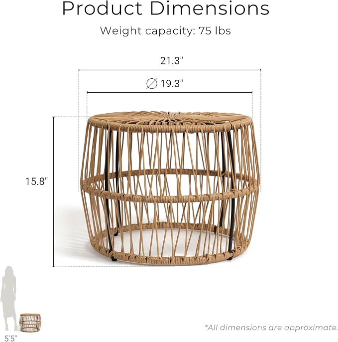 Furniture of America Ysar Boho Rattan Round Coffee Table Outdoor with Metal Frame, All-Weather and Rust Resistant, Handcrafted Coastal Furniture for Patio, Poolside, Garden, Yard, Natural Brown
