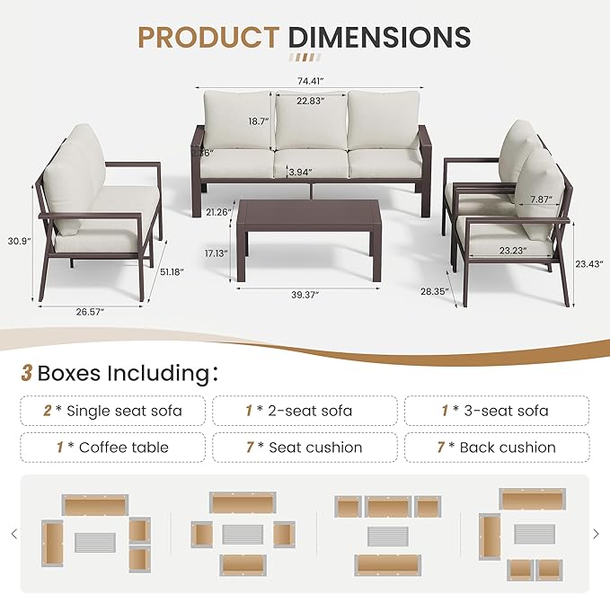 5-Piece Aluminum Patio Conversation Sets All-Weather Outdoor Furniture Sectional Sofa Modular Patio Set with 4'' Cushion Removable Covers for Porch Poolside Deck Balcony Yard