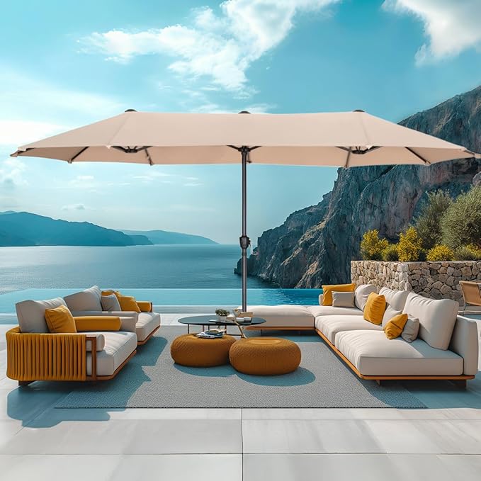 MFSTUDIO 13ft Outdoor Patio Umbrella, Double Sided Large Rectangular Umbrella Market Table Twin Triple Rectangle Umbrellas with Crank Handle for Outside Picnic Backyard Deck Pool (no base)