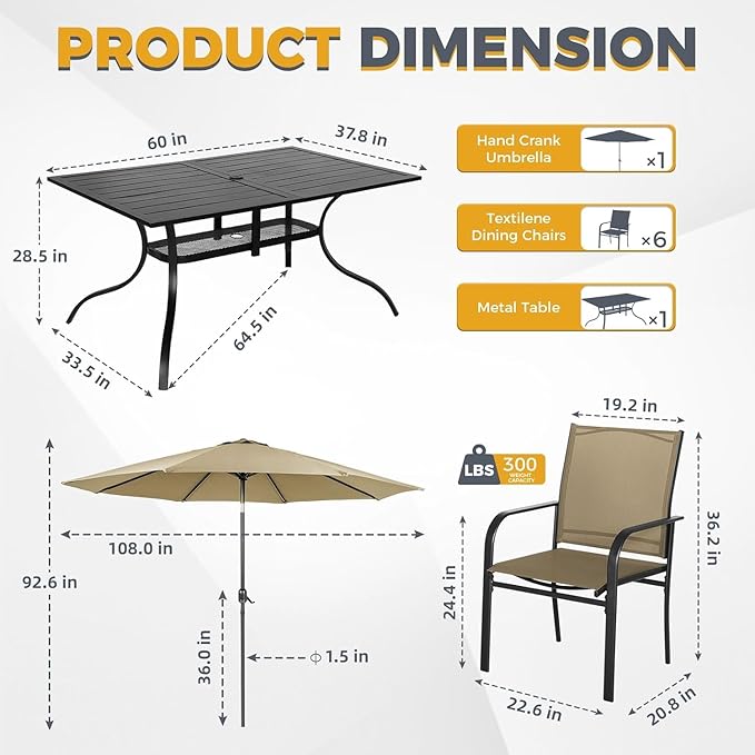 7-Piece Patio Dining Set with Umbrella,6 Person Outdoor Table and Chairs Set, 6 Metal Dining Chairs and Rectangular Outdoor Table with 1.57" Umbrella Hole,Khaki
