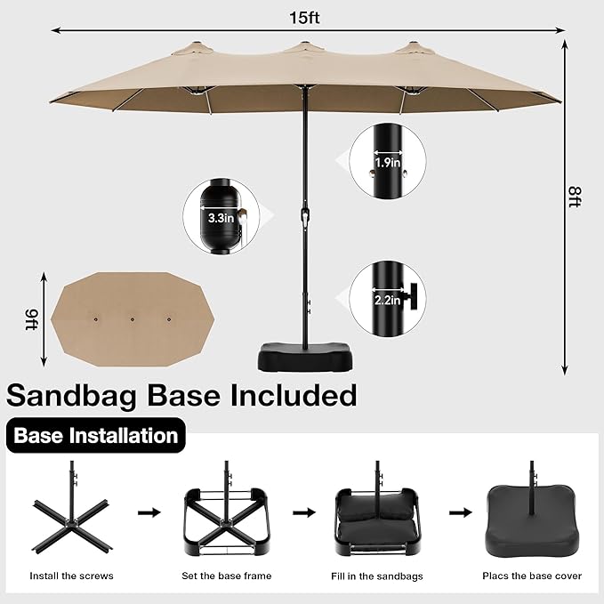 Joyside 15FT Large Patio Umbrella, Outdoor Double Sided Umbrella, Rectangle Umbrella with Crank Handle, 12 Sturdy Ribs for Deck, Porch and Pool