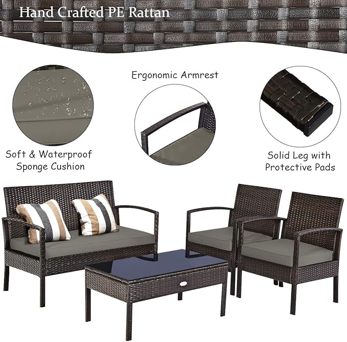 Tangkula 8-PCS Wicker Patio Conversation Furniture Set, Outdoor Rattan Chair and Table Set, Patio Furniture Sets with Coffee Table & Washable Cushions for Courtyard Balcony Garden (2, Brown)