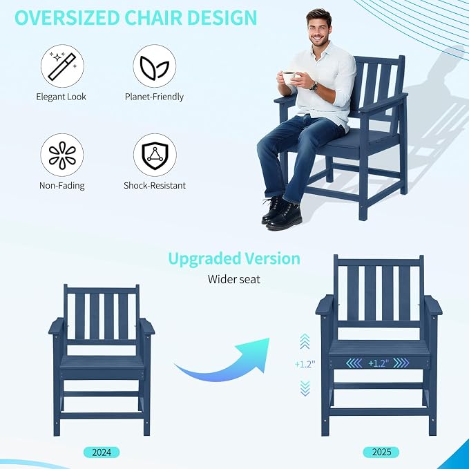Outdoor Patio Chair, All-Weather HDPE Outdoor Furniture Chairs with Backrest and Armrest, 300 lbs Support Patio Dining Chair for Garden, Deck, Porch, Navy