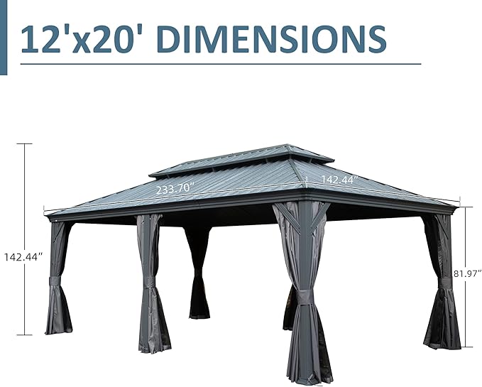 Domi 12' X 20' Hardtop Gazebo, Upgraded Metal Gazebo with Drainage System, Dual-Layer Galvanized Steel RoofCurtain and Netting, Outdoor Shelter Canopy for Patio, Garden, and Backyard, Grey