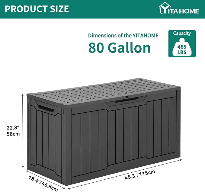 YITAHOME 80 Gallon Outdoor Storage Box, Large Waterproof Resin Deck Box, Indoor Outdoor Lockable Storage Container for Patio, Garden, Cushions, Tools, Equipment (Dark Gray)