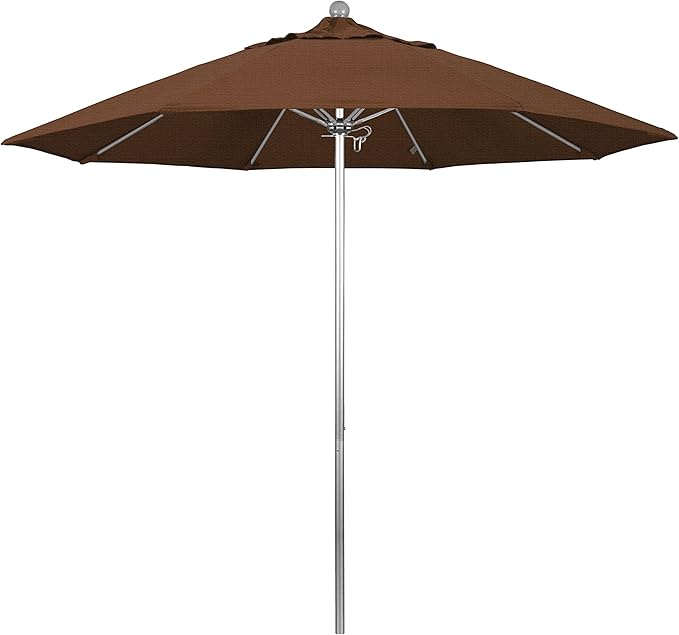 California Umbrella 9' Round Aluminum/Fiberglass Umbrella, Push Open, Silver Pole, Olefin Teak Fabric