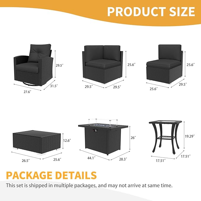 LayinSun 9 Pieces Patio Furniture Set with Fire Pit Table, Black Rattan Modular Sectional Outdoor Conversation Sofa Set, Swivel Rocking Chairs Set