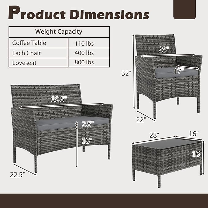 Tangkula 4 Piece Patio Rattan Conversation Set, Outdoor Wicker Furniture Set with Chair, Loveseat & Tempered Glass Table, Cozy Seat Cushions, Outside Sectional Sofa Set for Backyard, Porch
