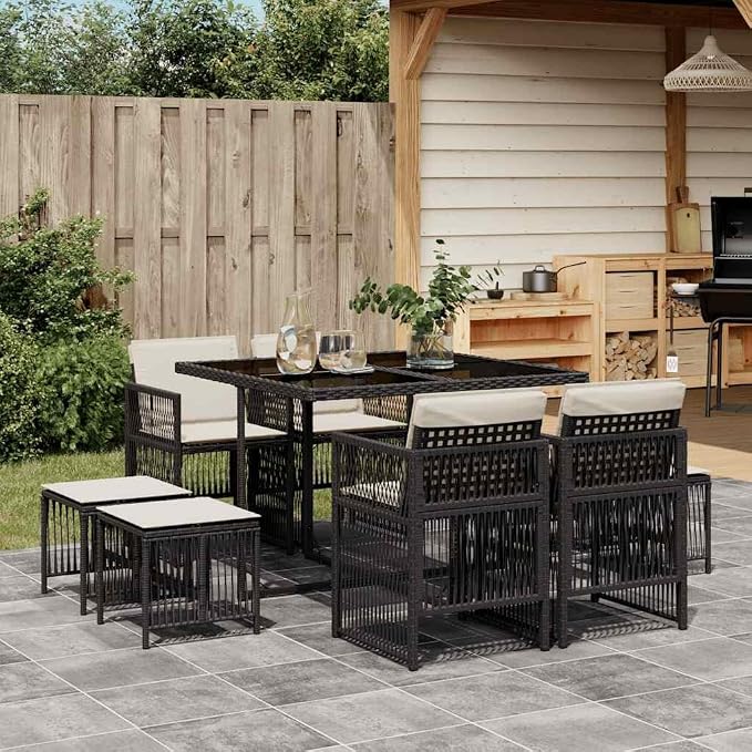 9 Piece Outdoor Dining Set Black and Cream Rattan Patio Furniture Set with Rectangular Table Chairs and Stools Space Saving Garden Conversation Set for 8 People