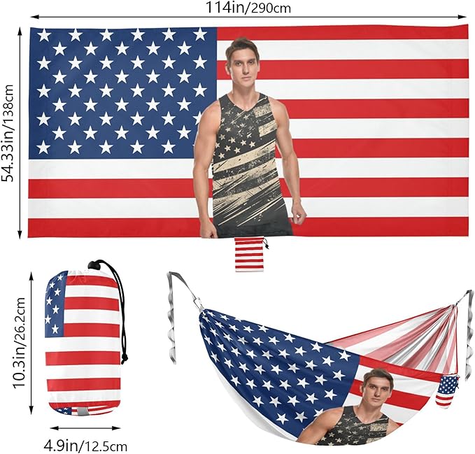 USA Flag Custom Camping Hammocks with Tree Straps Backyard Hammock for Outside Patio Backyard Poolside