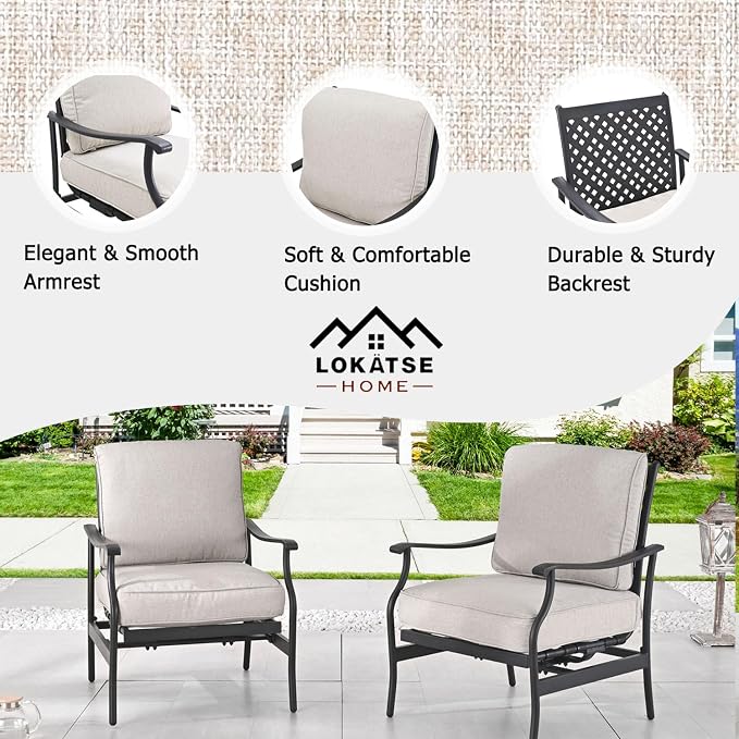 LOKATSE Home C-Spring Patio Chairs Set of 2, Outdoor Metal Motion Conversation Chairs with Gentle Bounce, 5.1" Extra Thick Blue Cushions Deep Seating Furniture for Deck & Porch
