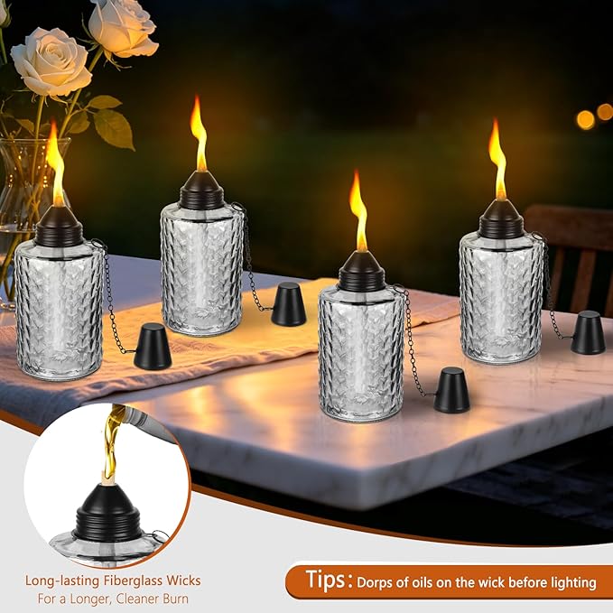 Table Torch Canister 4 Pack, 12oz Glass Citronella Torches Outdoor Lighting, Refillable Tabletop Torch Includes Wick & Cap for Outside Patio & Backyard Parties Décor (Black)