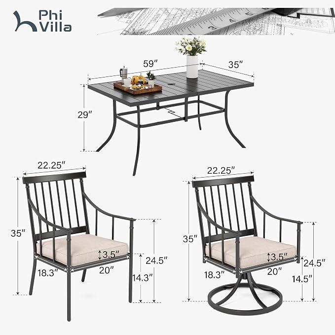 PHI VILLA 7 Piece, Outdoor Dining Table, 59"x36" Table, Umbrella Hole | Metal, Swivel Chairs, Iron Chairs, Cushions, Weather-Resistant, Adjustable, 360° Swivel, 350 lbs Capacity