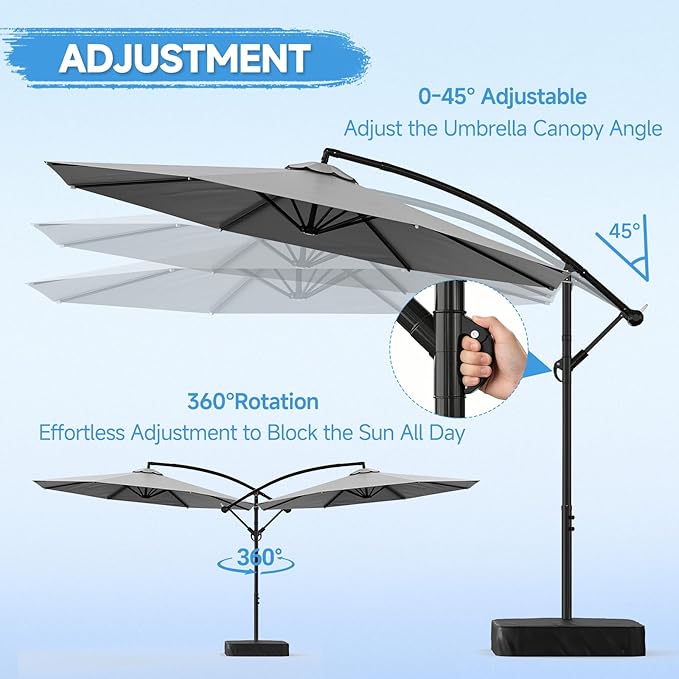 SUNYRISY 10ft Outdoor Patio Umbrella with Base Included, Large Cantilever Offset Umbrella with Sandbag Base Included for Deck, Pool, Porch, and Backyard Shade, Easy to Tilt and Crank
