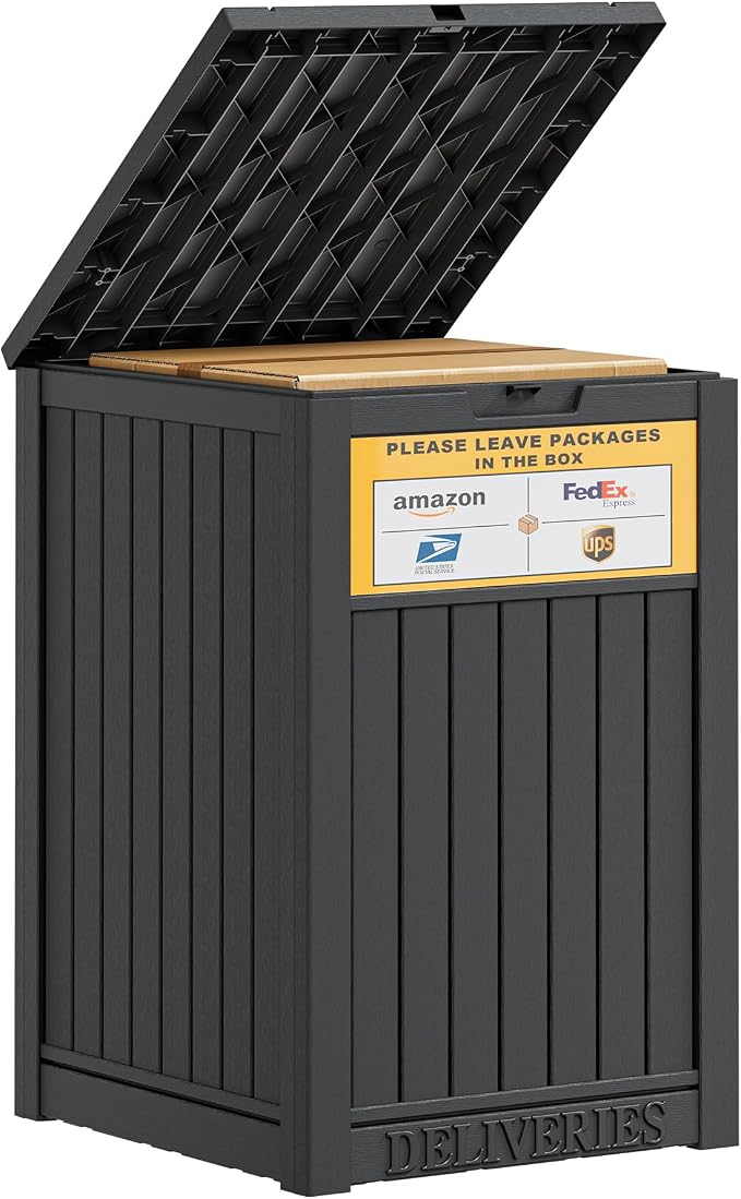 Package Delivery Box for Outside With Sign, Lockable Outdoor Storage Box Waterproof Deck Box, Large Double Wall Resin Parcel Drop Boxes, 48 Gallon, Classic Black