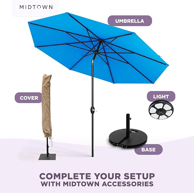 Midtown Umbrellas - 10-Year-No-Fade 6 Ft Patio Umbrella with Terylast Fabric, Auto-Tilt Aluminum Frame and 8 Reinforced Ribs for Deck, Pool, Garden & Beach - Cobalt Blue Canopy, Black Pole
