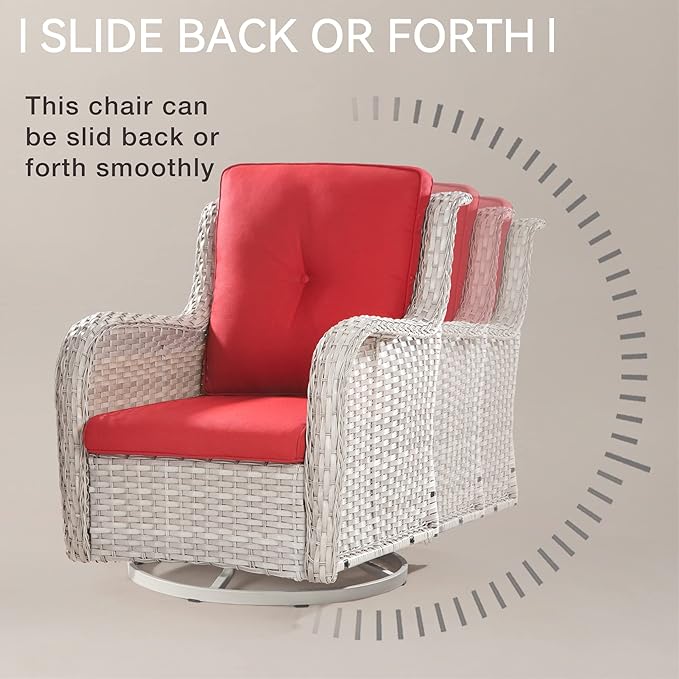 Joyside Outdoor Rocker Swivel Patio Chairs Set of 4 with 2 Matching Side Tables - 6 Pieces Patio Wicker Conversation Set with Premium & Soft Fabric Cushions(Light Grey/Red)