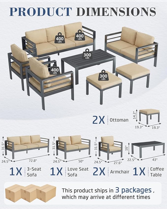AECOJOY Aluminum Patio Furniture Armchair with Ottoman, Set of 2, Modern Outdoor Furniture with Washable 5 inch Thick Cushion, Beige