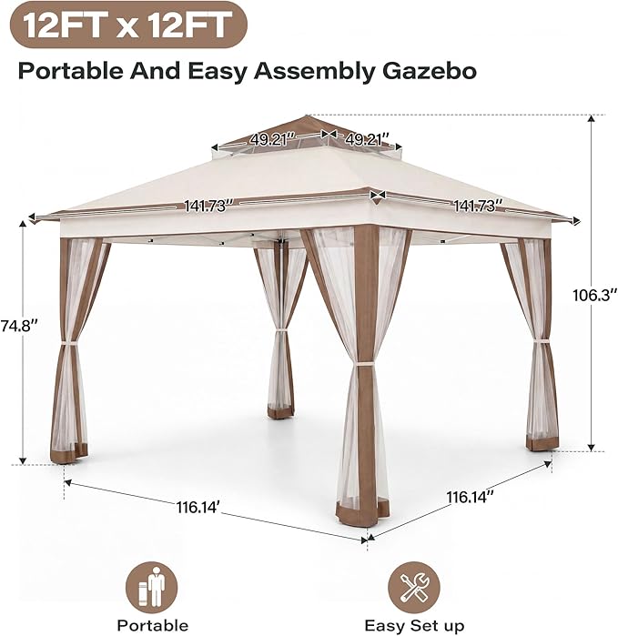LAUSAINT HOME 12x12 Pop Up Gazebo Canopy Tent with Mosquito Netting, Instant One-Push Setup, Adjustable Height Outdoor Canopy Shelter with Carry Bag for Patio, Backyard, Camping, Parties & BBQs, Khaki